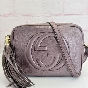 Authentic Gucci Soho Tassel Metallic Purple Camera Crossbody Bag